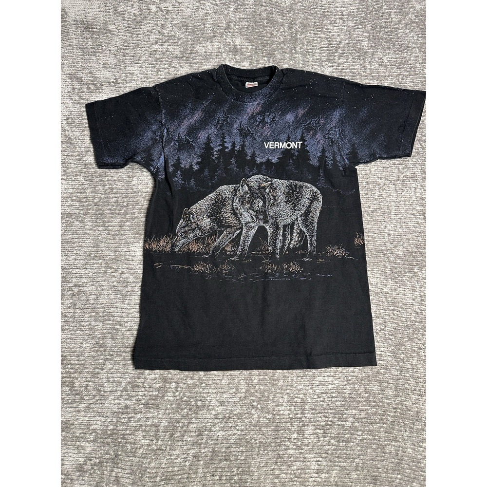 Vintage Wolf T Shirt Mens L Made USA All Over Print Vermont Nature Fade Single S